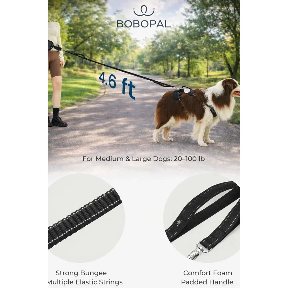 Bobopal Hands Free Dog Leash Waist Belt Bungee Reflective Med Large Dogs 20-100